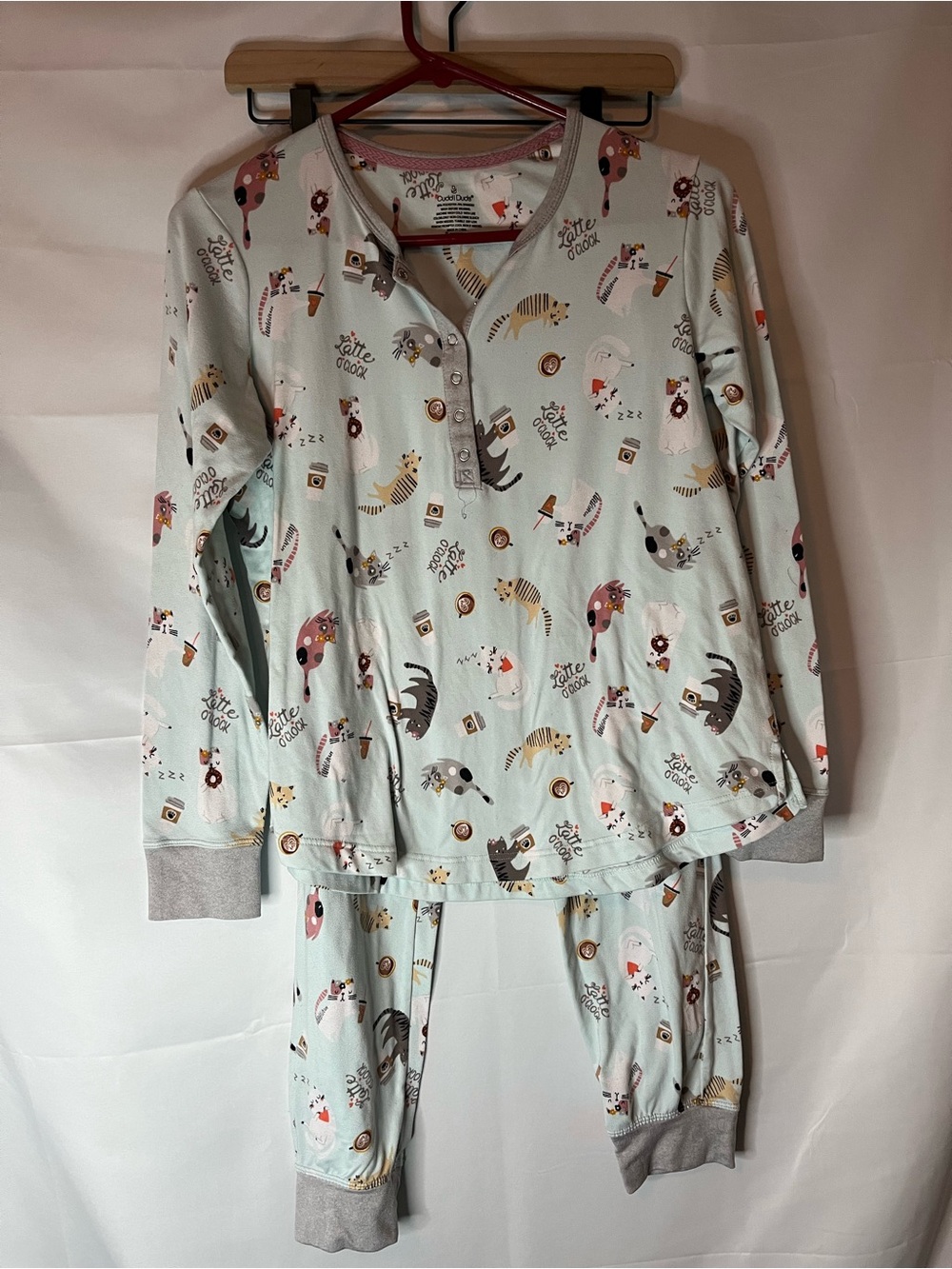 Cuddl Duds Turquoise Cat and Coffee Print Women's Pajama Set